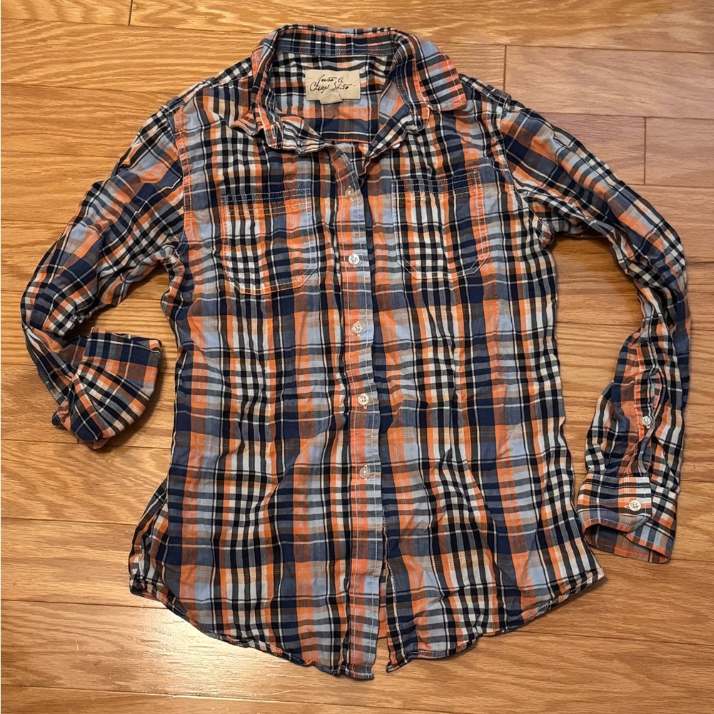Orange blue white plaid button down shirt with two front pockets 100% cotton